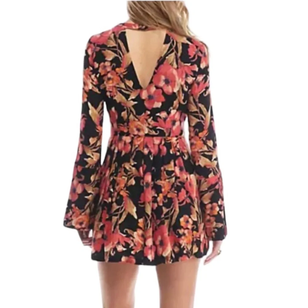 FREE PEOPLE: Tegan Black Floral Long Sleeve Mini Dress -Size 4
